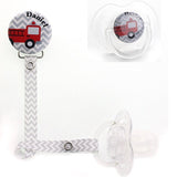 Personalized Name Gray Chevron Fire Truck Boy Pacifier Clip Only  (PER 37)
