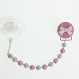 Pink and White Beads and adorable Bow, pacifier Clip (CPWB, CMRB, F2-P)