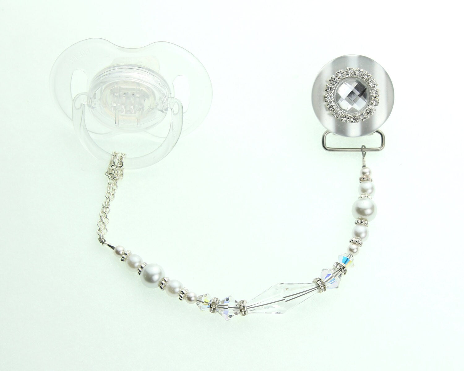 Blingy Clear, Pink, Blue European Crystal and Pearl Pacifier Clip (MSRP 33.00)