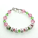 Personalized Name Bracelet for toddler,  Girls and Baby Sterling Silver, pink and green crystal  Personalized Custom (BPGN)