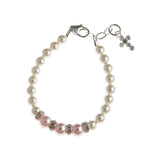 Pink and White Pearls With Sterling Silver Rondelle and Sterling Silver Cross Bracelet (BCRWP)